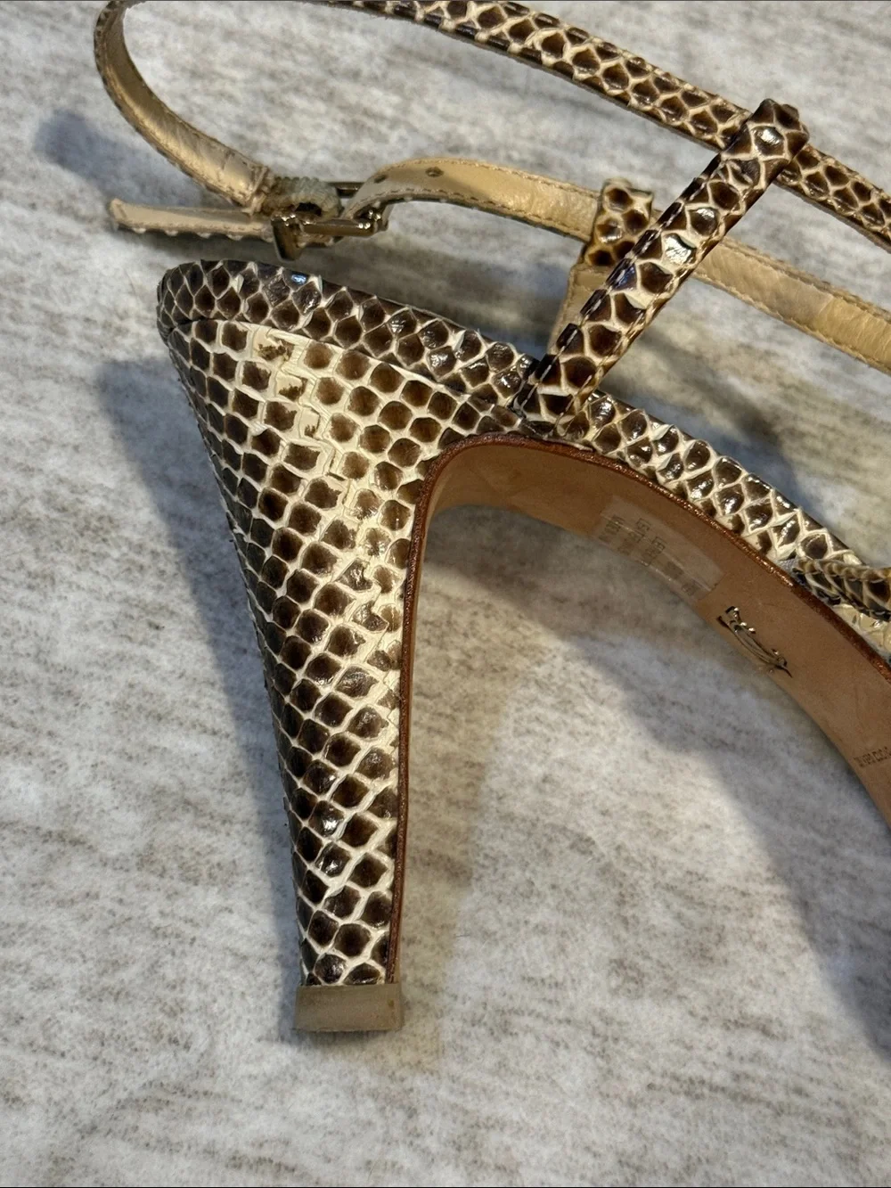 Women’s 7.5 Snake-Print Strappy Heels in Brown and Tan with platform